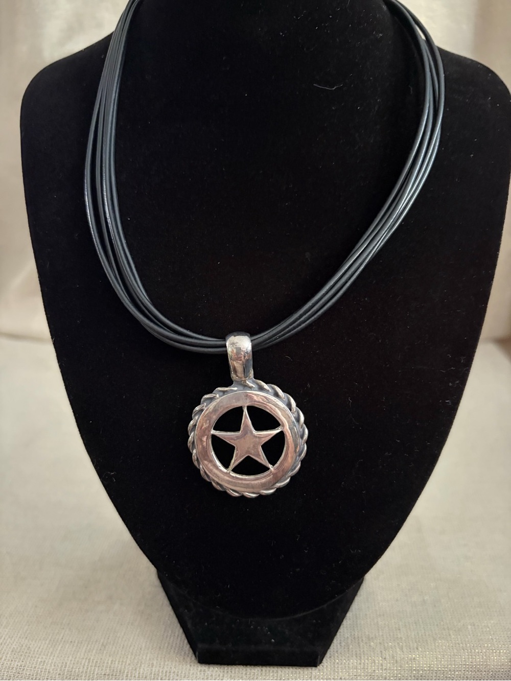 Silver-Tone Star Pendant Necklace with Black Multi-Strand Cord